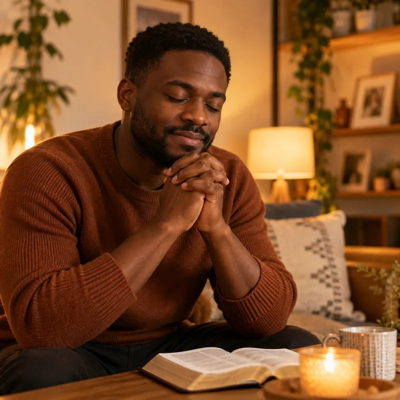Homme priant chez lui devant une Bible ouverte