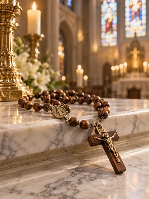 Chapelet posé sur le marbre dans une église