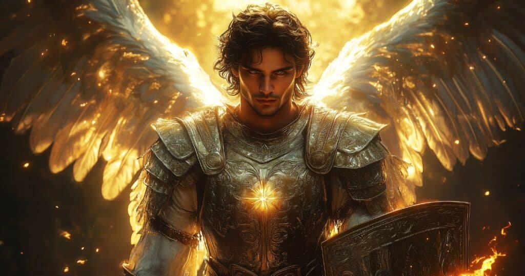 Saint Michel Archange en armure avec une épée enflammée, symbole de protection contre le mal